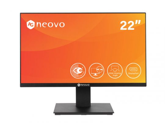22-inch AG Neovo computer monitor with a slim bezel, showing an orange screen with the AG Neovo logo and feature icons for wide viewing angle and DisplayPort connectivity.