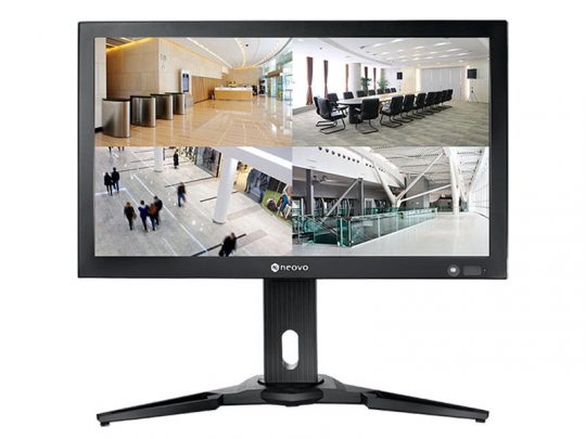 Computer monitor displaying four security camera feeds of modern office interiors, showing a lobby, conference room, hallway, and open workspace with people—ideal office surveillance system for workplace security.