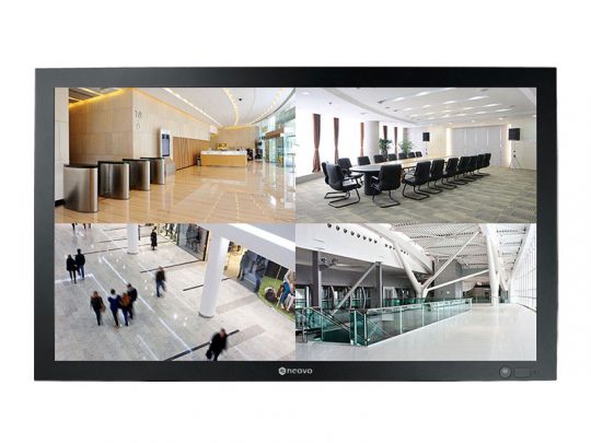 Security monitor displaying four surveillance camera feeds: a lobby with turnstiles, a conference room with chairs, a crowded hallway with people walking, and a modern indoor walkway. Ideal for office building security systems and real-time monitoring.