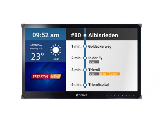 Digital display showing Zurich tram line 80 to Albisrieden, with upcoming stops and arrival times, current time at 09:52 am, weather at 23°C and clear skies, plus a Breaking News banner.