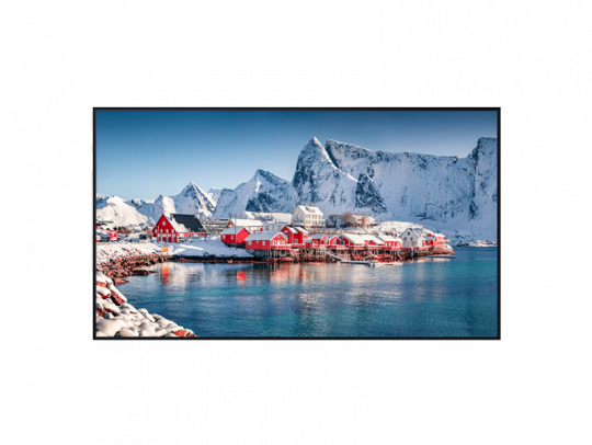 Coastal village with red and white houses by calm blue water, surrounded by snowy mountains under a clear sky—Scandinavian fjord landscape.