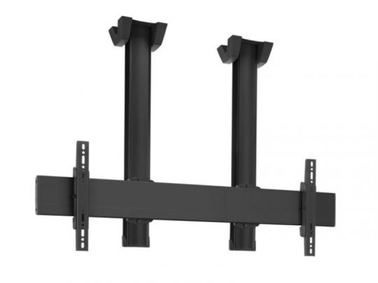 Black dual ceiling TV mount bracket with adjustable vertical arms and horizontal support, designed to securely hold two flat-screen TVs from the ceiling; ideal for commercial or home use where space-saving TV installation is needed.