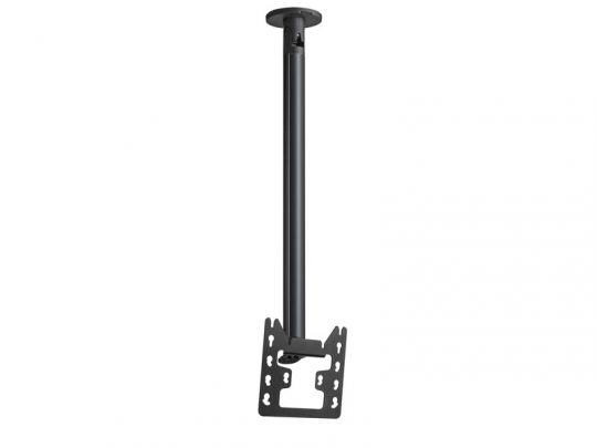 Black ceiling TV mount with adjustable pole – product image shows a sturdy, modern mount featuring an extendable pole and flat bracket for attaching a television, designed for secure overhead installation on ceilings. Ideal for saving floor space in homes or offices.