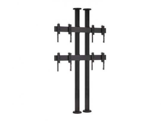 Black dual-pole TV wall mount stand with two horizontal support bars and multiple brackets, designed to securely hold two screens vertically, one above the other—ideal for double monitor displays.