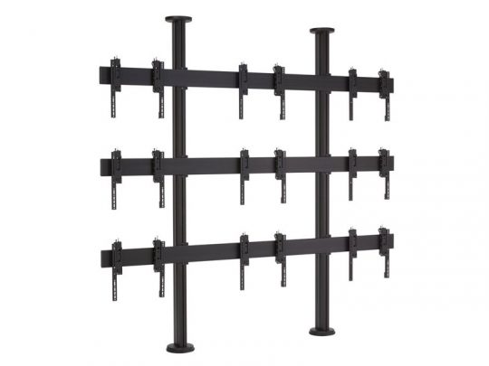 Image shows a black multi-screen TV wall mount stand, featuring three vertical poles and four horizontal bars, designed to securely hold nine monitors in a 3x3 grid layout. Ideal for video walls or control rooms.
