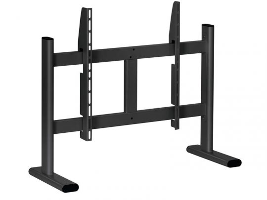 Black metal TV stand with minimalist design, featuring two wide flat feet for stability and vertical mounting brackets on a central frame to support a flat-screen television; freestanding and suitable for modern living rooms.