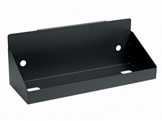 Black metal wall-mounted mail holder tray with two mounting holes and open top, ideal for organizing mail, papers, or small accessories. Modern minimalist design suitable for home or office use.