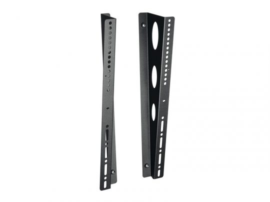 Two black metal TV wall mounting brackets with multiple screw holes, designed for securely attaching flat-screen TVs or monitors to a wall. The brackets are shown upright, side by side. Ideal for home or office use.