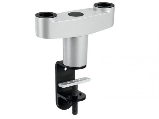 Silver metal dual-hole desk clamp mount with two circular openings on top and a black adjustable screw clamp at the bottom for attaching securely to the edge of a desk or table; ideal for organizing cables, microphones, or other accessories.