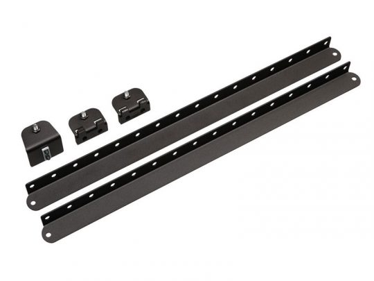 Black metal mounting bracket set featuring two long brackets with multiple holes and three small black clamp brackets with screws, displayed on a white background—ideal for secure and adjustable installations.