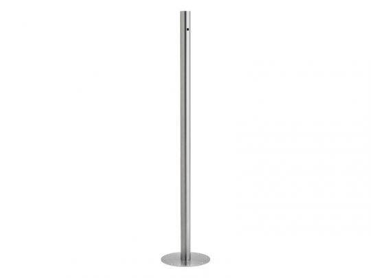 Tall, slim stainless steel floor-standing pole with a round base, shown upright against a plain white background. Ideal for use as a stanchion post or barrier stand.