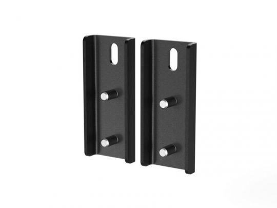 Pair of black metal wall mount bike hooks; each bracket has two protruding cylindrical pegs for hanging bikes and an oval mounting hole near the top for secure installation, displayed on a white background.
