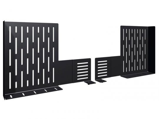Pair of black adjustable metal shelf dividers with rectangular slotted cutouts, featuring an L-shaped design. Both shelf organizers are positioned parallel on a white background, ideal for organizing books or items on shelves.