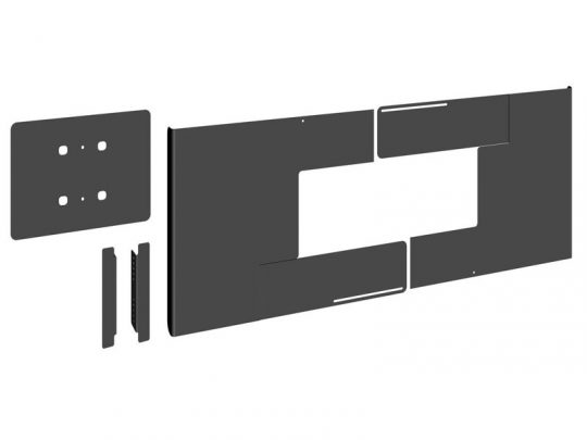 Exploded view of a black metal wall mount bracket, showing separate flat and angled rectangular pieces arranged in order for assembly. The product, designed for securely mounting devices or shelves on a wall, is displayed with all components clearly aligned to illustrate how they fit together.