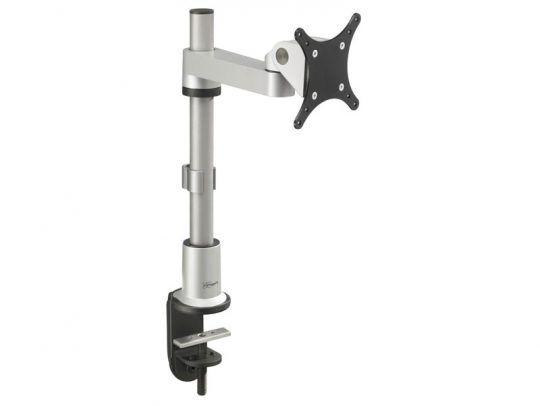Silver and black adjustable monitor arm clamp with VESA mount plate, designed to securely attach to the edge of a desk and support a computer monitor for ergonomic workspace setup.