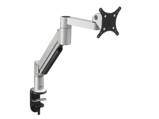 Silver adjustable monitor arm with clamp base—ergonomic desk mount featuring an articulating arm and mounting plate for computer monitors; ideal for flexible screen positioning and workspace organization.