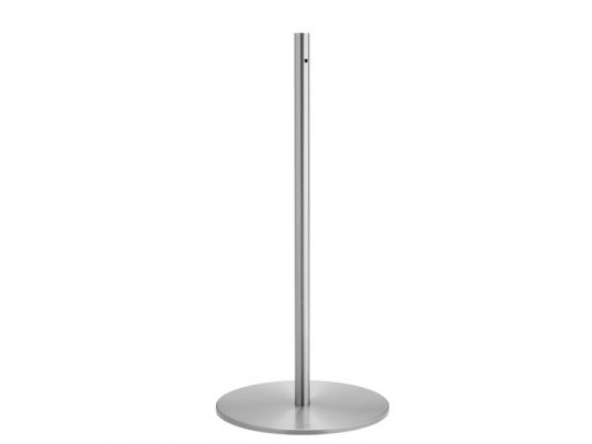 Tall, slender silver metal pole with a round, flat base, designed as a modern floor lamp stand or support post, standing upright against a plain white background.