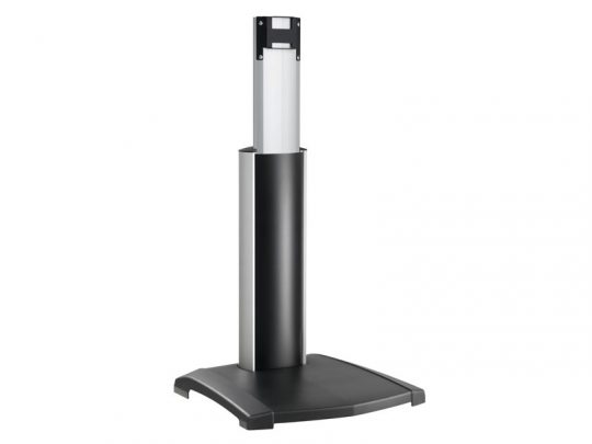 Black and silver adjustable TV or monitor stand with a wide, stable base and vertical mounting column, designed to securely support flat screen displays; ideal for home or office use.