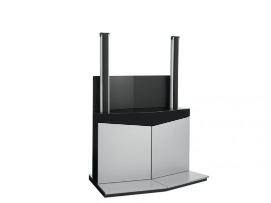 Modern angular TV stand with glossy black and silver finish, featuring two vertical support columns and spacious cabinet doors beneath, displayed on a plain white background. Ideal contemporary entertainment center for living rooms.