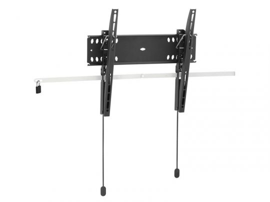 Black adjustable tilting TV wall mount bracket with horizontal metal security bar and locking mechanism for flat-screen TVs; features two pull cords at the bottom for easy removal.