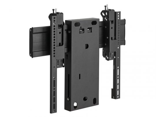 Black adjustable metal TV wall mount bracket with multiple slots and screw holes, designed for securely mounting flat-screen televisions on a wall. Ideal for TVs of various sizes.