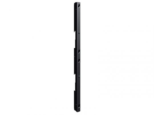 Vertical black metal slotted mounting rail with multiple evenly spaced holes and recessed sections, photographed on a plain white background. Ideal for server racks or shelving units.