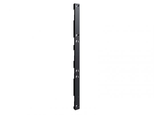 Black equipment rack mounting rail with multiple screw holes and cutouts, designed for tall cabinets or server racks, shown vertically against a plain white background.