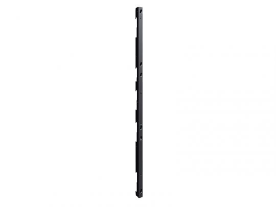 Black metal slotted upright shelving bar—tall, slim, with evenly spaced holes for adjustable shelf placement; product shown angled against a white background.