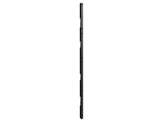 Tall, thin black metal slotted upright bar with evenly spaced holes, shown from the side against a white background. Ideal for shelving or storage system installations.