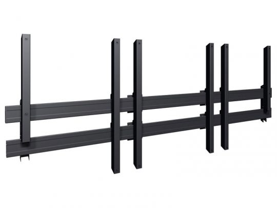Black wall-mounted metal bracket system named Six-Support Display Mount, featuring six vertical supports and three horizontal bars, designed for securely holding or mounting multiple flat-screen TVs or monitors. Ideal for video walls in offices, control rooms, or commercial displays.