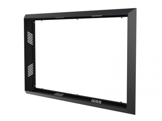 Black rectangular metal equipment mounting frame with ventilation slots, photographed at an angle on a white background. The empty frame is designed for installing electronic devices or screens, offering sturdy support and airflow management.