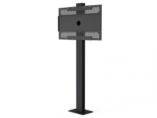 Freestanding black metal display kiosk stand with a rectangular mounting plate featuring a central circular hole, supported by a tall vertical post on a flat rectangular base. Ideal for digital signage, tablet, or screen displays in commercial settings.
