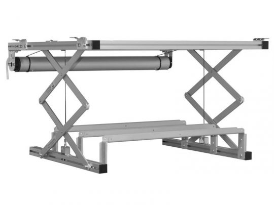 Metal scissor lift table with a flat top platform, sturdy horizontal support bars, and cross-braced metal arms, designed for lifting or supporting heavy objects in industrial or workshop environments.