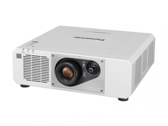 Panasonic white projector with large front lens, top control buttons, side air vents, and four small feet for support, displayed on a plain white background.
