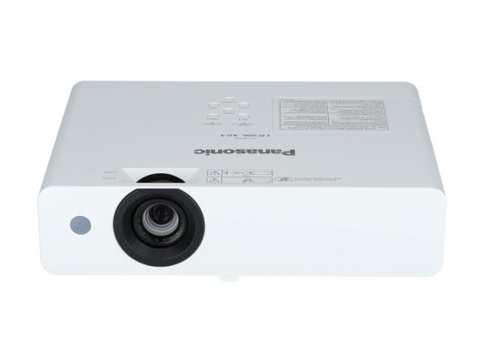 Panasonic projector: A sleek, white Panasonic projector featuring a large front lens and easy-access control buttons on the top, shown against a clean white background.