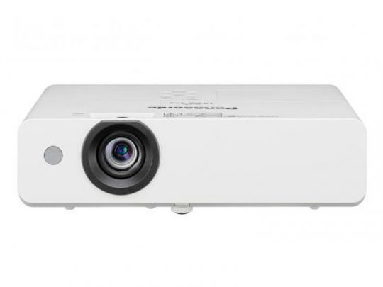 White projector with large lens on left, small round button beside it, subtle branding and control buttons on top panel; front-facing view. Ideal for home theater or office presentations.