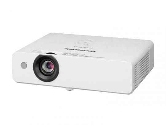 White Panasonic projector with a large lens on the left, top control buttons, and side ventilation grilles, displayed on a plain white surface.