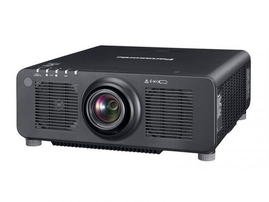 Panasonic black projector with a prominent central lens and side ventilation grilles, shown on a white background.