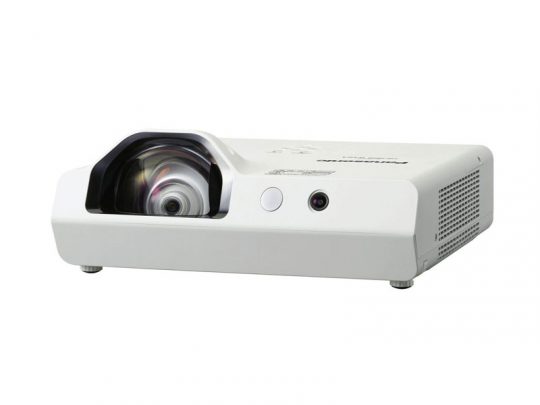 White short-throw projector with prominent lens on the left, ventilation grilles on the right, and top-mounted control buttons, displayed on a plain white background. Suitable for home theater or office presentations.