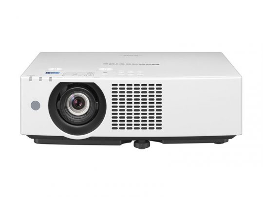 Front view of a white Panasonic projector featuring a large lens on the left and ventilation grilles on the right, displayed against a plain background.