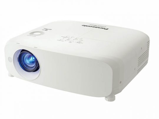 Panasonic white projector on a flat surface, lens glowing blue, with visible top control buttons. Ideal for home or office presentations.