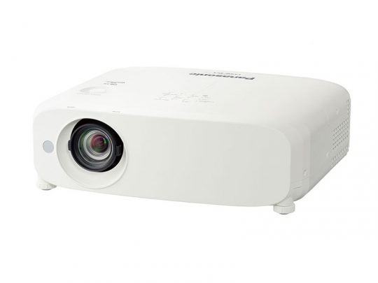 Panasonic projector on white background – a sleek, white projector featuring a large lens on the front left, top control buttons, and side ventilation grilles; ideal for home or office presentations.