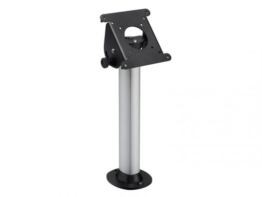Metal adjustable pedestal mount with a square mounting plate, cylindrical silver shaft, and round black base—ideal for supporting equipment or displays. The sturdy mount offers height adjustment and secure installation for AV or electronic devices.