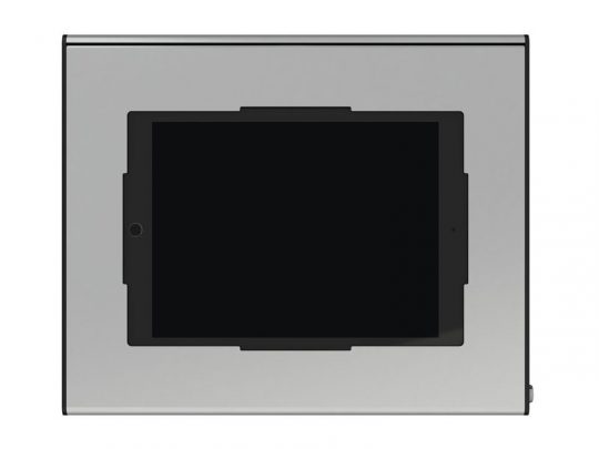 Flush-mounted black tablet in a square silver wall frame, front view. The modern, metallic frame surrounds the dark-screen tablet, creating a sleek smart home control panel against a white background.