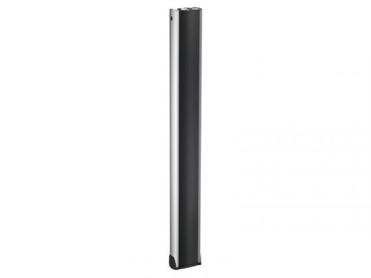 Tall, slim silver and black electronic device with rounded edges, standing upright against a plain white background; resembles a modern WiFi router or external hard drive.