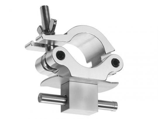 Close-up of a silver metal pipe clamp with a circular opening, adjustable screws, and hinge mechanism for securing cylindrical objects. The heavy-duty metal construction is durable and suitable for industrial or plumbing use.
