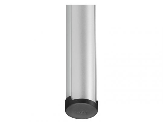 Tall, cylindrical silver stainless steel thermos with a black base, viewed from the front on a white background.