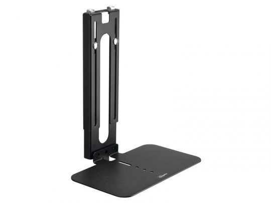 Black metal adjustable vertical stand with flat base and bracket, designed for supporting electronic devices or equipment; features slots and screws for customized height adjustment.