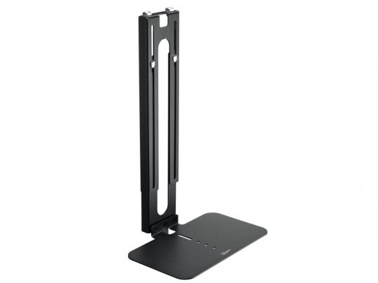 Black vertical metal stand with rectangular base and adjustable slot for holding a laptop, gaming console, or similar device.