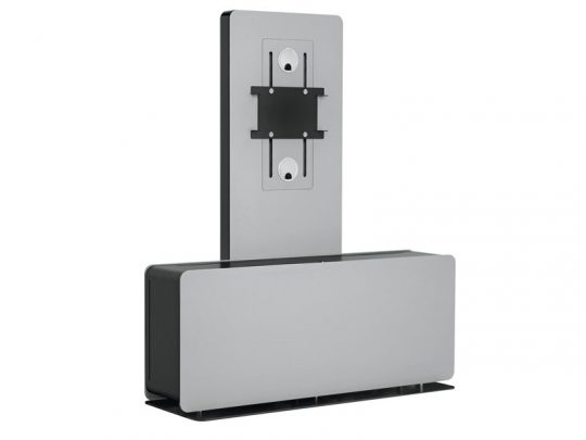 Modern rectangular silver and black TV stand or monitor mount with a vertical panel and mounting bracket, designed for flat-screen displays, shown on a white background.